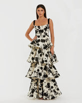 Black and White Floral Boucle Tiered Ruffle Gown